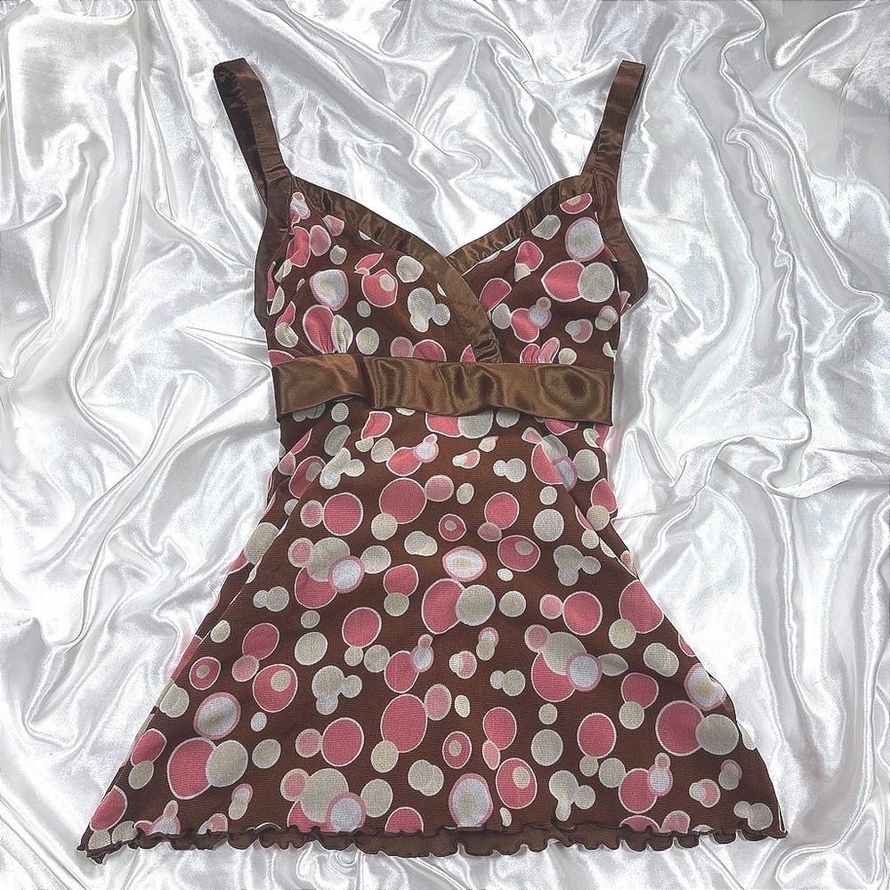 y2k Babydoll Camisole Brown Pink Polka Dot Mesh Satin Trim INC Top